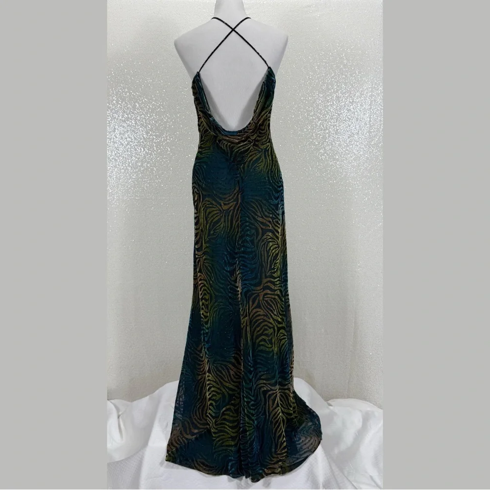 Icon by Kathryn Dianos Green Blue Burnout Velvet Abstract swirl Maxi Dress Party - Picture 5 of 17